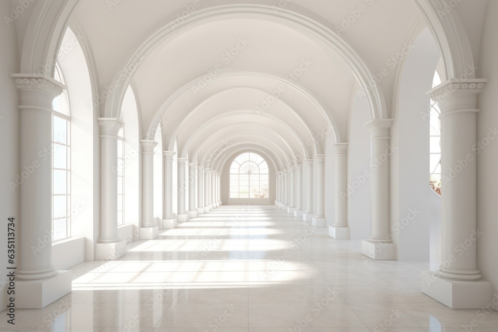 The white walls of the grand hallway, with its symmetrical arches and columns, evoke a feeling of awe and appreciation for its breathtaking architecture, creating an indoor sanctuary within the majes
