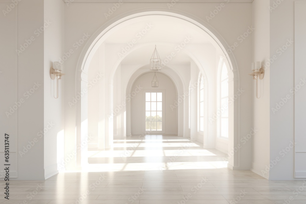 The grand hallway with its intricate arched windows, warm wood floor, and elegant columns creates a sense of timelessness and awe, perfect for admiring the stunning architecture and fixtures within