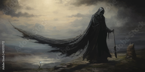 Death in black cloak. Death in black clothes with black hood. Grim reaper in the fog. Mysterious silhouette of man in black cloak with scythe. Halloween concept. Scary ghost. Death costume. Vector art © Zakhariya