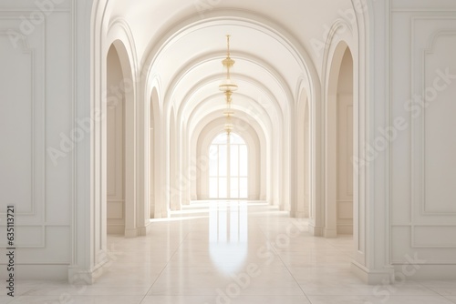 A majestic hallway of symmetrical arches  adorned with intricate moldings and a dazzling chandelier  showcases the grandeur of the building s majestic architecture