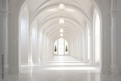 A captivatingly symmetrical arcade of columns and arches bathes the white hallway in an ethereal light, drawing viewers into a breathtaking display of architectural grandeur