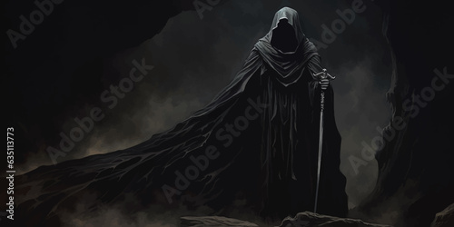 Death in black cloak. Death in black clothes with black hood. Grim reaper in the fog. Mysterious silhouette of man in black cloak with scythe. Halloween concept. Scary ghost. Death costume. Vector art