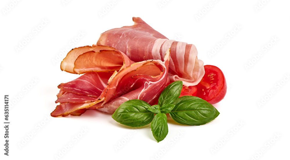Dry Spanish ham, Jamon Serrano, Bellota, Italian Prosciutto Crudo or Parma ham, isolated on white background. Dry Spanish ham, Jamon Serrano, Bellota, Italian Prosciutto Crudo or Parma ham, isolated on white background.