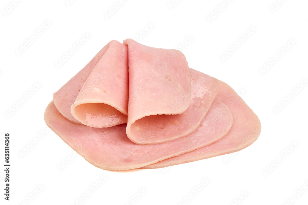 Sliced boiled ham sausage, isolated on white background. Sliced boiled ham sausage, isolated on white background.