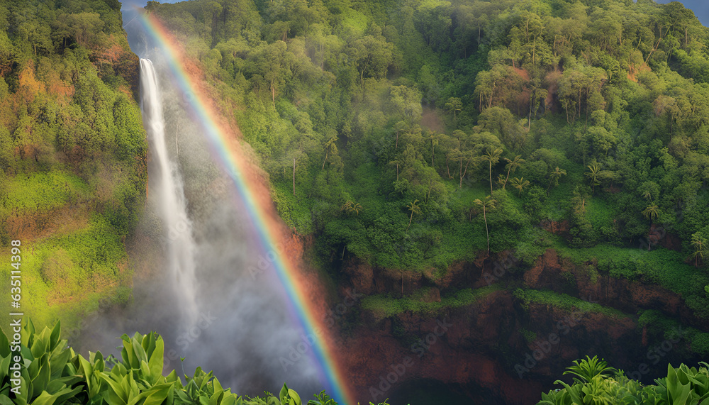 waterfall and rainbow at forest generated by AI tool