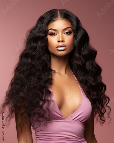 Beauty Fashion model. Black woman face & beautiful voluminous hair. Afro american girl. Beauty skin female face. .Healthy hair with luxurious Updo haircut. Waves, Curls volume Hairstyle. Hair Salon.