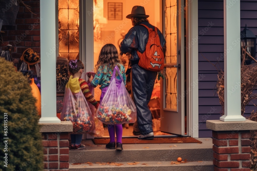 Children in Halloween costumes trick or treating. Happy Halloween holidays