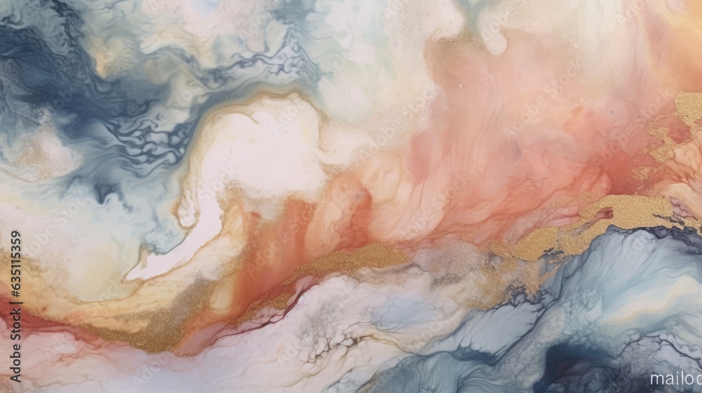 Marble ink abstract painting with a blend of warm and cool tones. AI generated