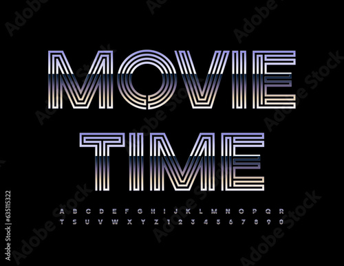Vector silver icon Movie Time. Trendy Metallic Font. Chrome Alphabet Letters, Numbers and Symbols set