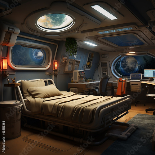 Spaceship captains quarters. Science fiction control center. 