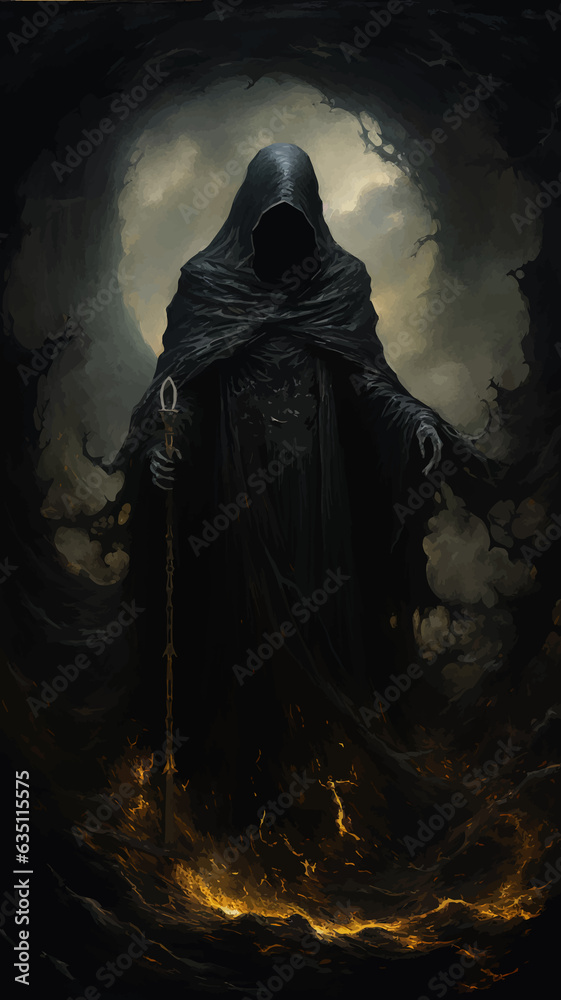 Death in black cloak. Death in black clothes with black hood. Grim reaper in the fog. Mysterious silhouette of man in black cloak with scythe. Halloween concept. Scary ghost. Death costume. Vector art - obrazy, fototapety, plakaty 