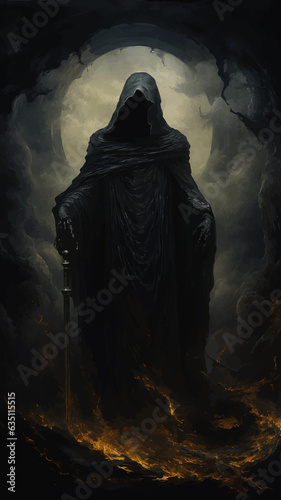 Death in black cloak. Death in black clothes with black hood. Grim reaper in the fog. Mysterious silhouette of man in black cloak with scythe. Halloween concept. Scary ghost. Death costume. Vector art