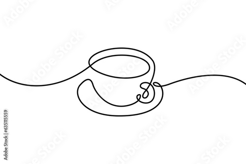 Cup on a saucer in continuous line art drawing style. Tea or coffee cup black linear design isolated on white background. Vector illustration