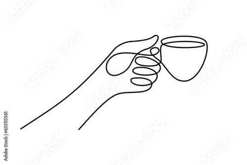 Cup in human hand. Tea or coffee drink in continuous line art drawing style. Black linear design isolated on white background. Vector illustration