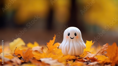 Halloween decoration featuring a cute ghost miniature set against an autumn leaf background