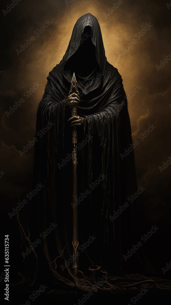 Death in black cloak. Death in black clothes with black hood. Grim reaper in the fog. Mysterious silhouette of man in black cloak with scythe. Halloween concept. Scary ghost. Death costume. Vector art Death in black cloak. Death in black clothes with black hood. Grim reaper in the fog. Mysterious silhouette of man in black cloak with scythe. Halloween concept. Scary ghost. Death costume. Vector art