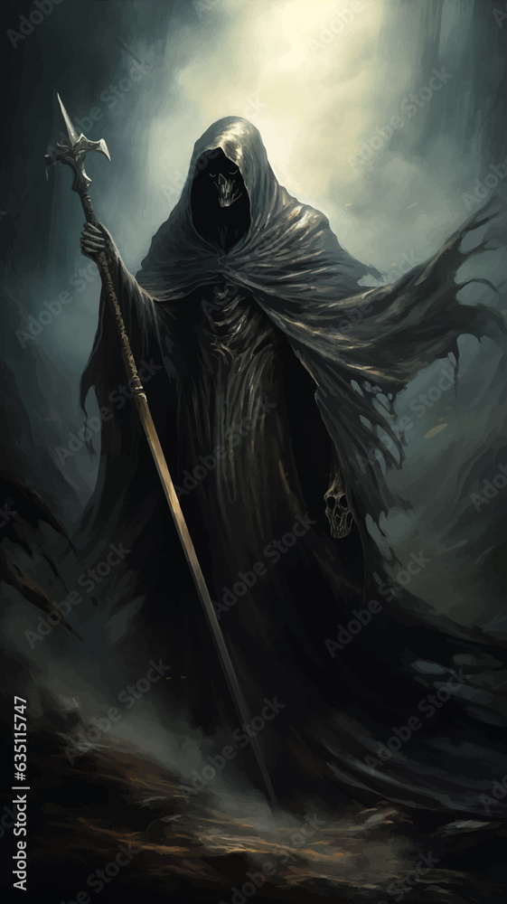Death in black cloak. Death in black clothes with black hood. Grim reaper in the fog. Mysterious silhouette of man in black cloak with scythe. Halloween concept. Scary ghost. Death costume. Vector art - obrazy, fototapety, plakaty 
