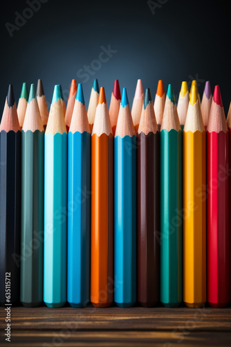 A row of colored pencils lined up against a blue background. AI generative