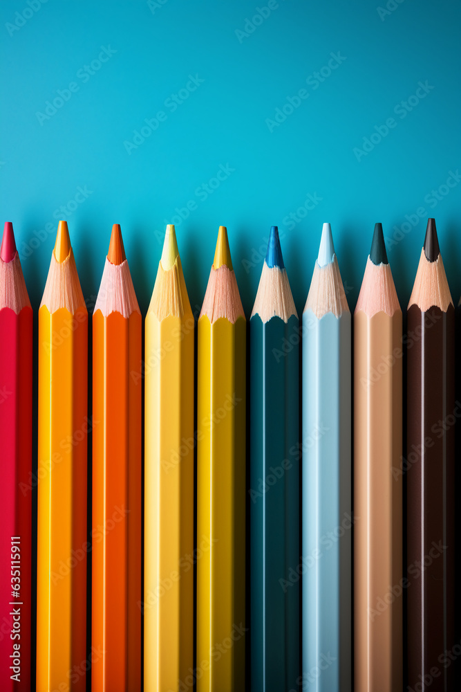 A row of colored pencils lined up against a blue background. AI generative