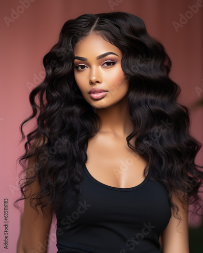 Beauty Fashion model. Black woman face & beautiful voluminous hair. Afro american girl. Beauty skin female face. .Healthy hair with luxurious Updo haircut. Waves, Curls volume Hairstyle. Hair Salon.