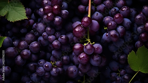 bunch of dark grapes with leaves, close-up, macro