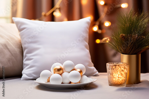 white pillow mockup on sofa with christmas balls,AI generated