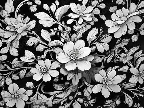 a black and white floral pattern on a black background