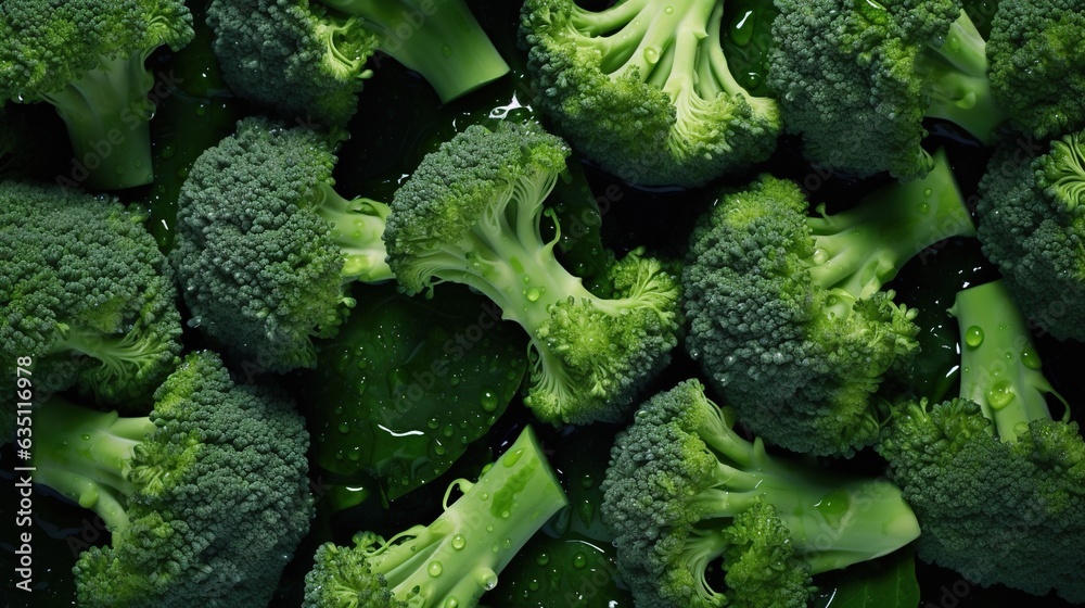Fresh green broccoli on black background, top view. Healthy food concept - obrazy, fototapety, plakaty 