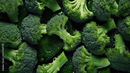 Fresh green broccoli on black background, top view. Healthy food concept photo