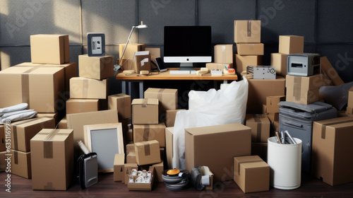 A pile of moving boxes in the room. Created with Generative AI technology. © MP Studio