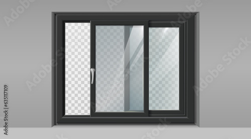 3d realistic vector icon illustration. Black sliding window frame in the wall.