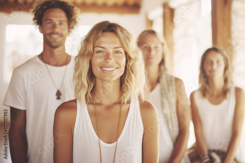 Group of young happy people on yoga retreat in Ibiza