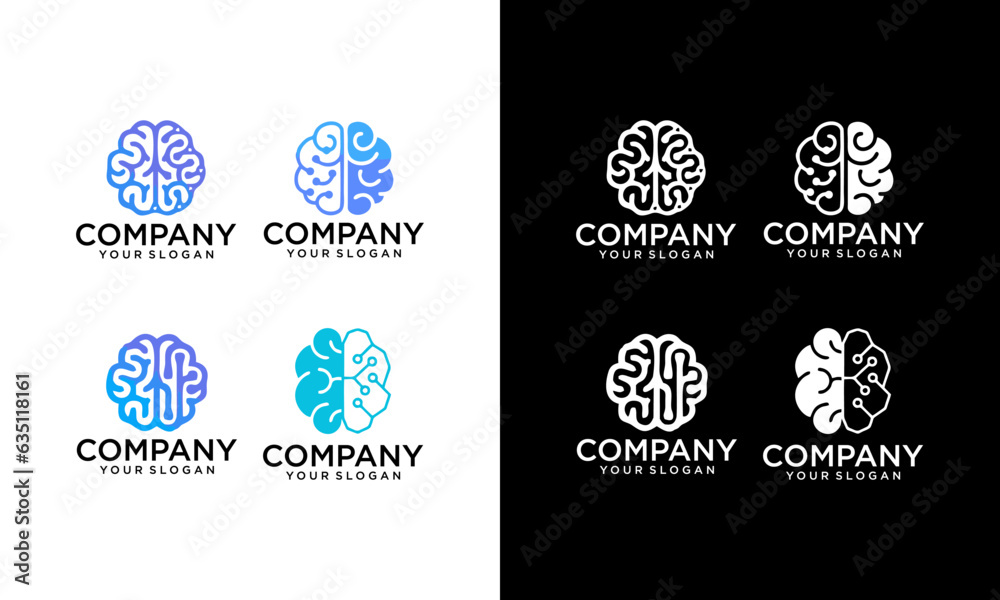 Set of four blue brain icons. Top and side view