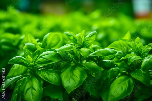 Closeup of Green Thai Basil in the Garden. Agriculture, Botany, and Ecology of Asian Basil for Farming and Eating. Generative AI