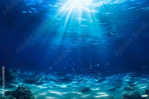 Deep Blue Sea - Underwater Background with Beautiful Light Rays and Sandy Floor. Generative AI