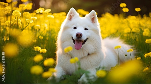 White Husky enjoys a Fun Day at the Park surrounded by Spring Flowers and Bright Greenery. Generative AI