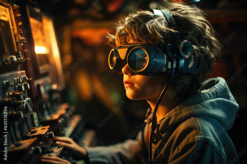 Boy wearing virtual reality headset. VR goggles innovation technology. Generative AI