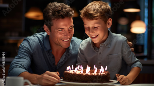 Happy father and son celebrating birthday with huge tasty cake with candles. Created with Generative AI technology.