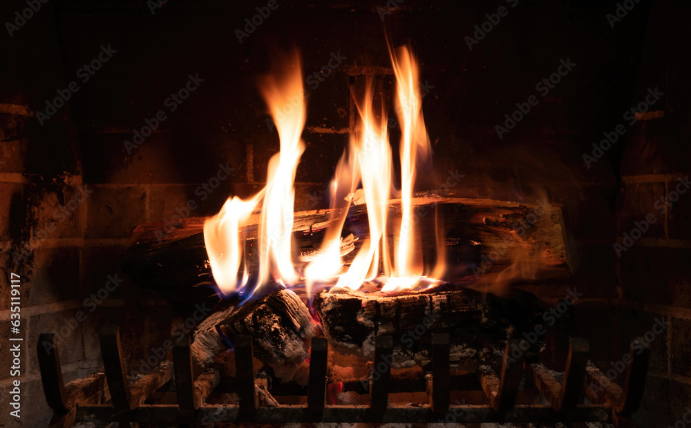 Fireplace close up, fire flame and burning wood log, warm home in winter