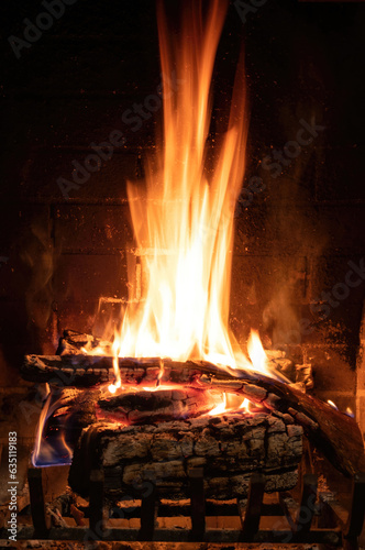 Fireplace close up  fire flame and burning wood log  warm home in winter