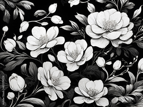 a black and white floral pattern on a black background