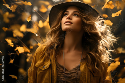 Stylish young woman watching yellow leaves fall in the forest during autumn