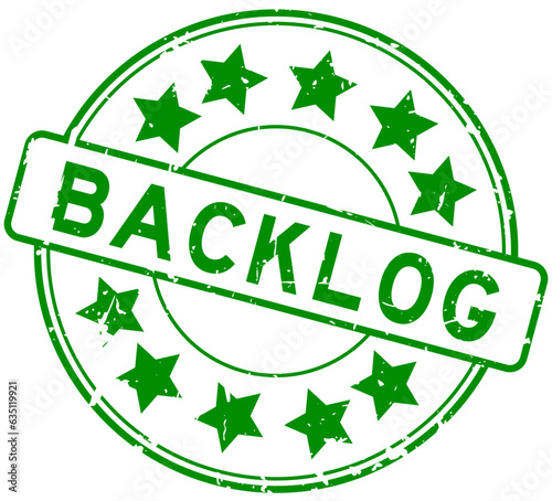 Grunge green backlog word with star icon round rubber seal stamp on white background