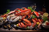 Seafood with fresh lobsters, mussels and oysters as the background for a delicious oceanic dinner.