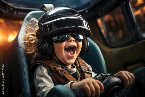 Boy wearing virtual reality headset sitting on car seat. VR goggles innovation technology. Generative AI