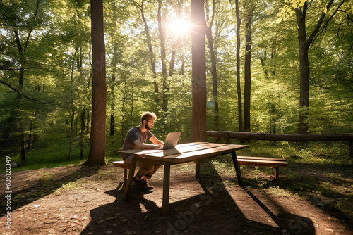 Man is working remotely on laptop while being outdoor in park