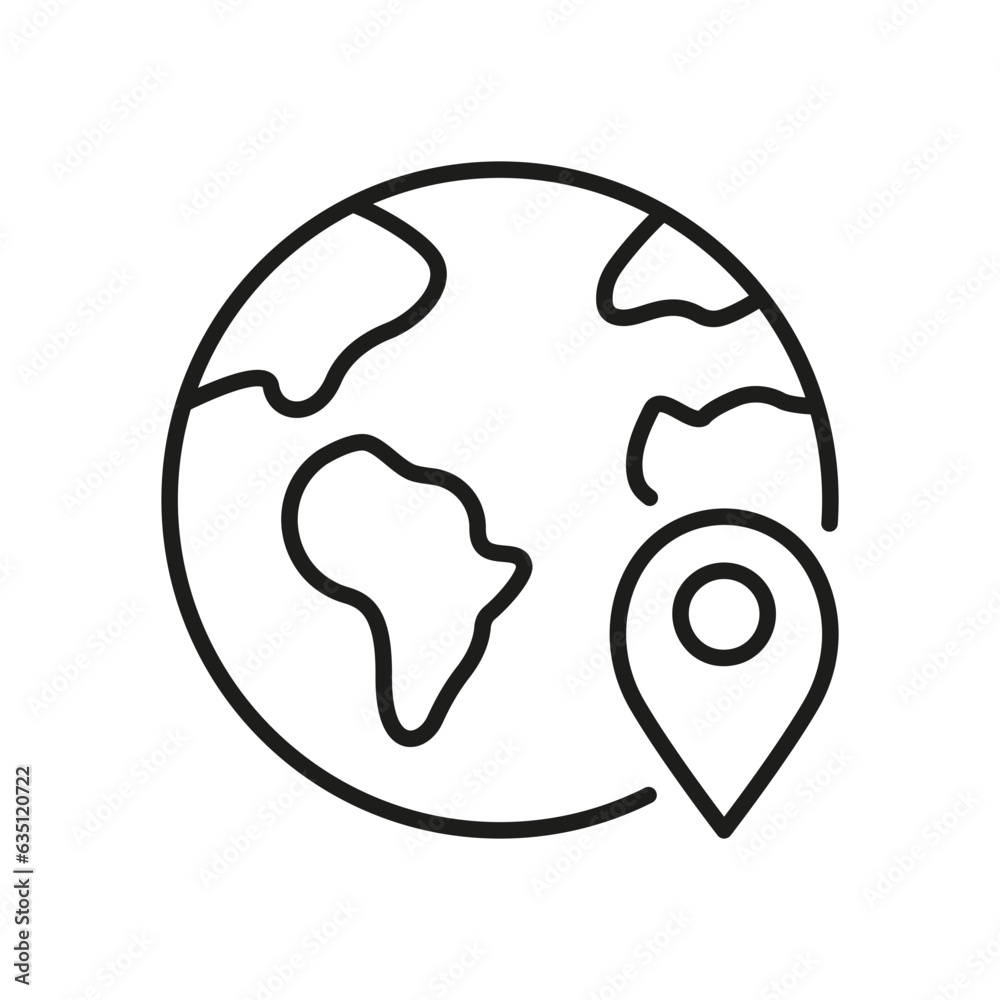 Global Delivery Line Icon. Planet Earth with Location Pin Linear Pictogram. International Shipping Outline Symbol. Worldwide Delivery Sign. Editable Stroke. Isolated Vector Illustration Global Delivery Line Icon. Planet Earth with Location Pin Linear Pictogram. International Shipping Outline Symbol. Worldwide Delivery Sign. Editable Stroke. Isolated Vector Illustration