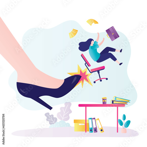 Big high-heels shoes kick dismissal worker. Boss fired female employee from company. Jobless troubles, staff reduction. Businesswoman dismissed from work, empty workplace.