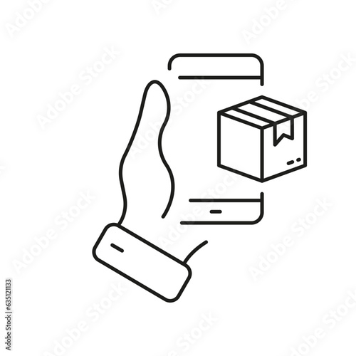 Online Delivery Service Line Icon. Parcel in Smartphone Pictogram. Purchase Shipping Symbol. Mobile Phone with Box Sign in Human Hand. Ecommerce. Editable Stroke. Isolated Vector Illustration