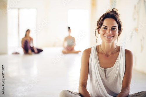 Portrait of happy and smiling yoga teacher in yoga retreat on Ibiza island. People sitting in lotus position in background Free Download Portrait of happy and smiling yoga teacher in yoga retreat on Ibiza island. People sitting in lotus position in background - GFXLoad